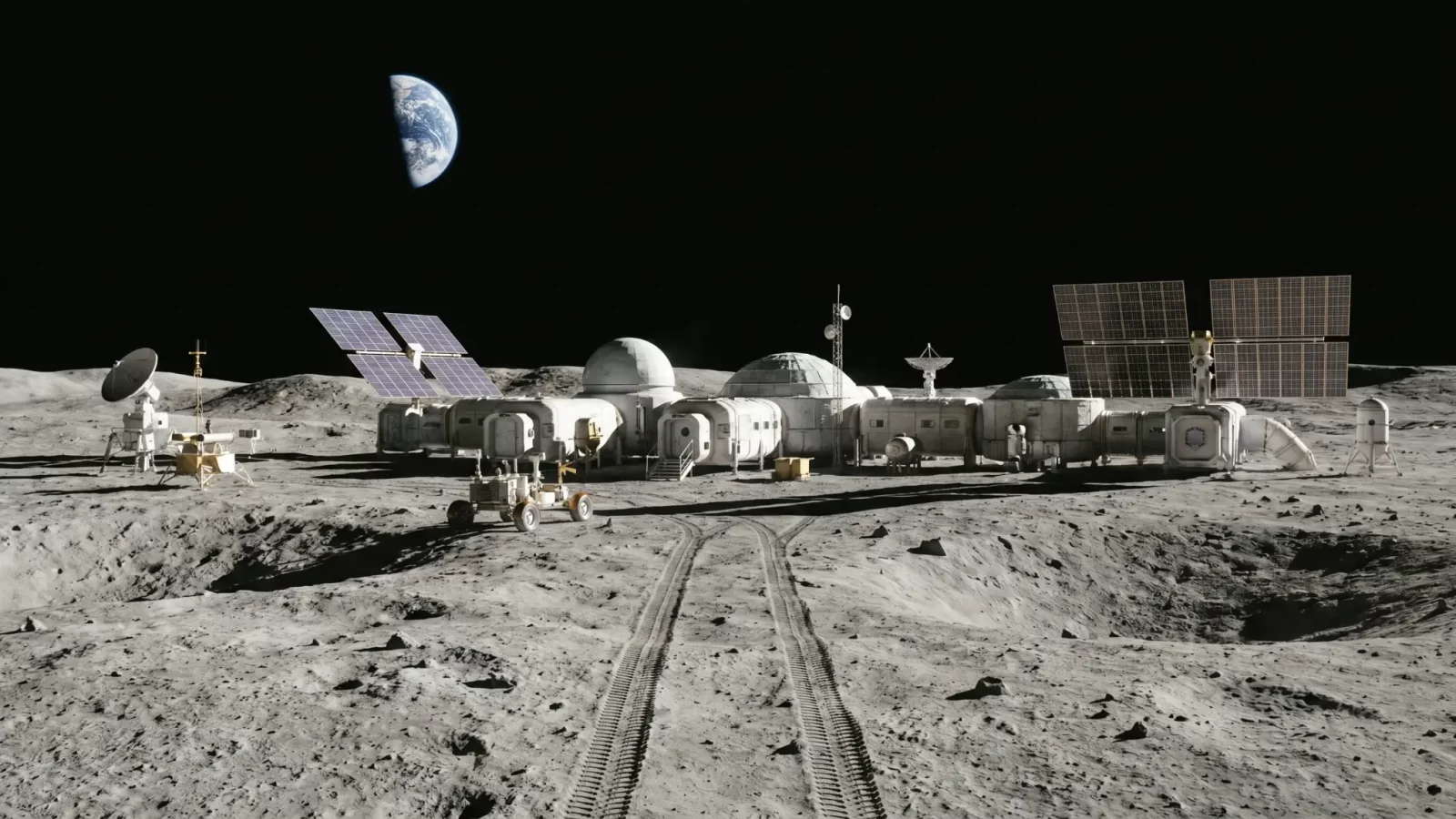 Lunarna postaja na površini Mjeseca s modulima, solarnim panelima, roverom i Zemljom vidljivom na tamnom nebu.