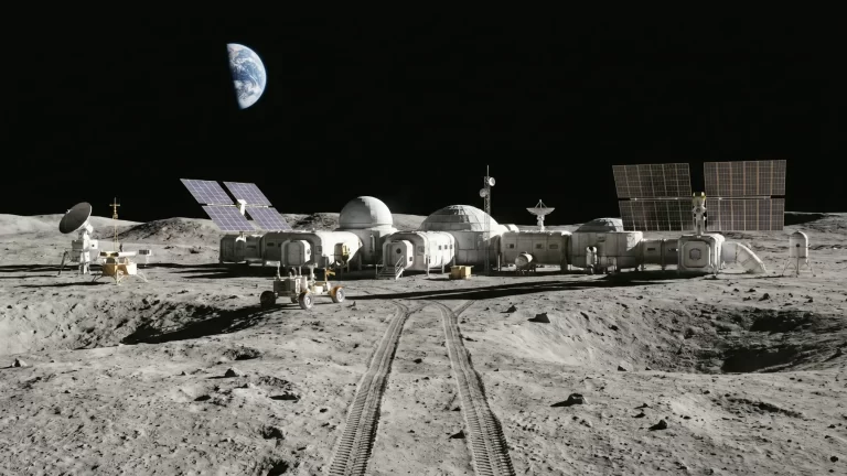 Lunarna postaja na površini Mjeseca s modulima, solarnim panelima, roverom i Zemljom vidljivom na tamnom nebu.
