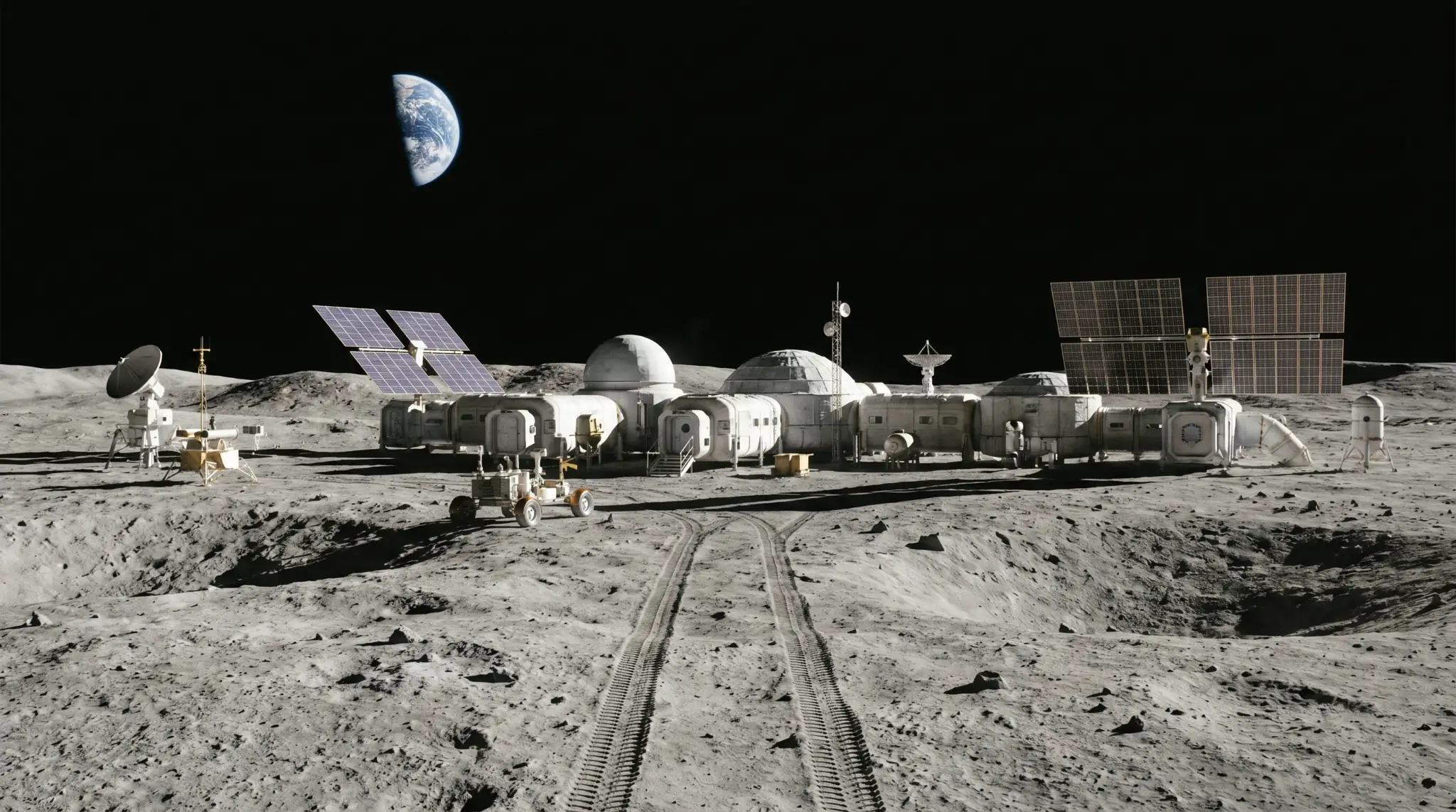 Lunarna postaja na površini Mjeseca s modulima, solarnim panelima, roverom i Zemljom vidljivom na tamnom nebu.