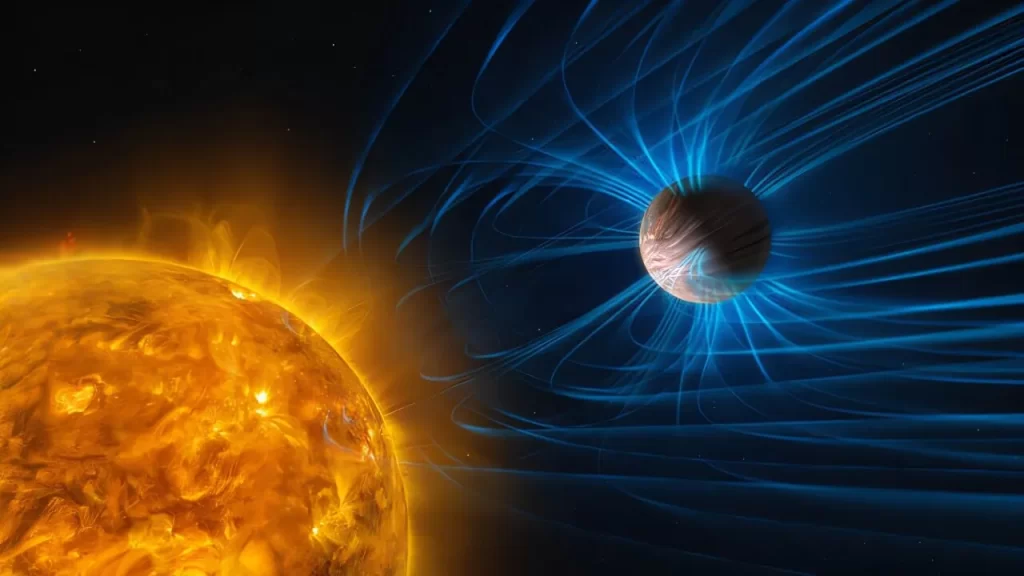 Ilustracija vrućeg egzoplaneta nalik Jupiteru blizu matične zvijezde, s plavim linijama magnetskog polja koje okružuju planet.
