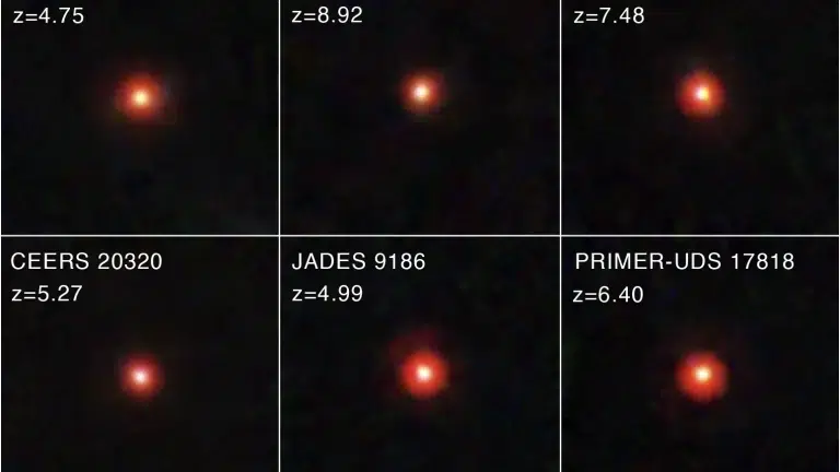 Kolaž šest malih crvenih objekata iz ranog svemira zabilježenih svemirskim teleskopom James Webb.