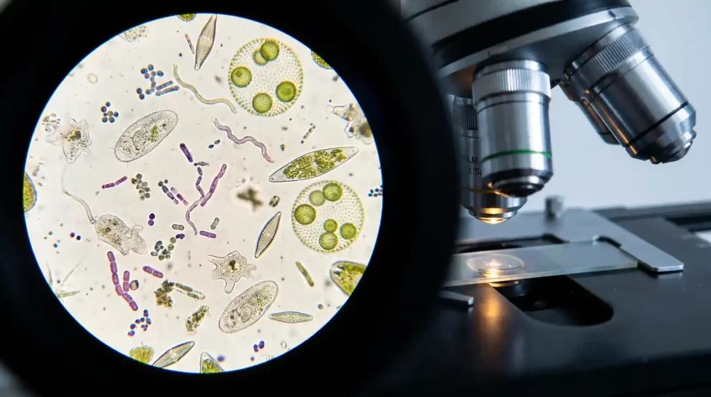 ogled kroz mikroskop prikazuje različite mikroorganizme, dok se s desne strane vide objektivi laboratorijskog mikroskopa.