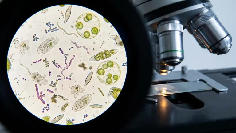 ogled kroz mikroskop prikazuje različite mikroorganizme, dok se s desne strane vide objektivi laboratorijskog mikroskopa.