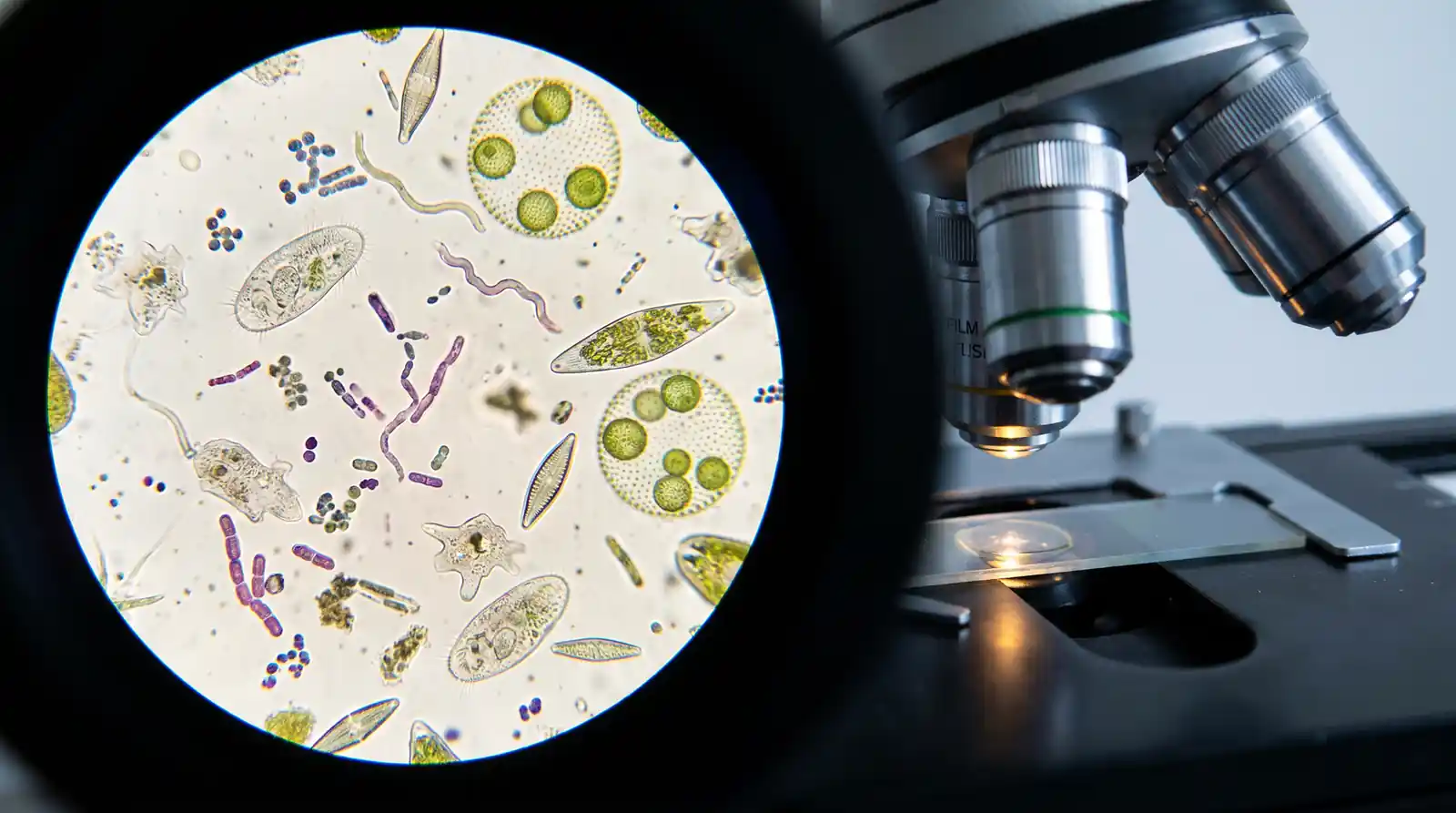 ogled kroz mikroskop prikazuje različite mikroorganizme, dok se s desne strane vide objektivi laboratorijskog mikroskopa.