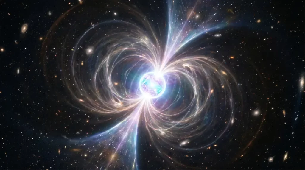 Ilustracija neutronske zvijezde okružene snažnim magnetskim poljem i svjetlosnim mlazovima u dubokom svemiru.