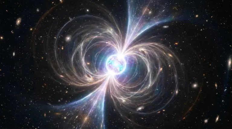 Ilustracija neutronske zvijezde okružene snažnim magnetskim poljem i svjetlosnim mlazovima u dubokom svemiru.