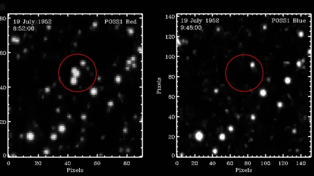 Dvije fotografske ploče koje prikazuju objekte nestale između opservacija. Zasluge: Solano i sur., arXiv 2023 (CC BY 4.0)