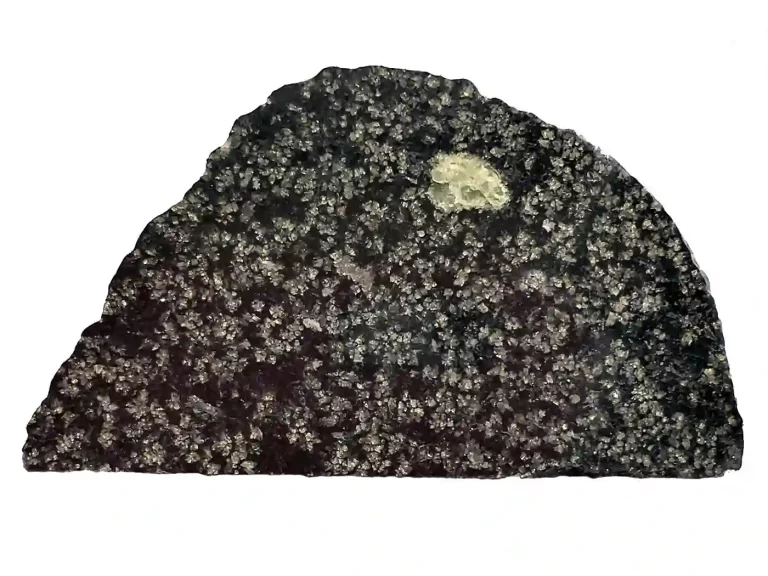 Presjek meteorita NWA 12774. Zeleni krug označava kristal olivina, minerala bogatog magnezijem. Zasluge: John Kashuba.