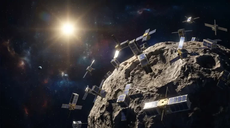 Ilustracija male flote CubeSata koji se kreću uz površinu velikog asteroida, dok Sunce snažno svijetli u pozadini.