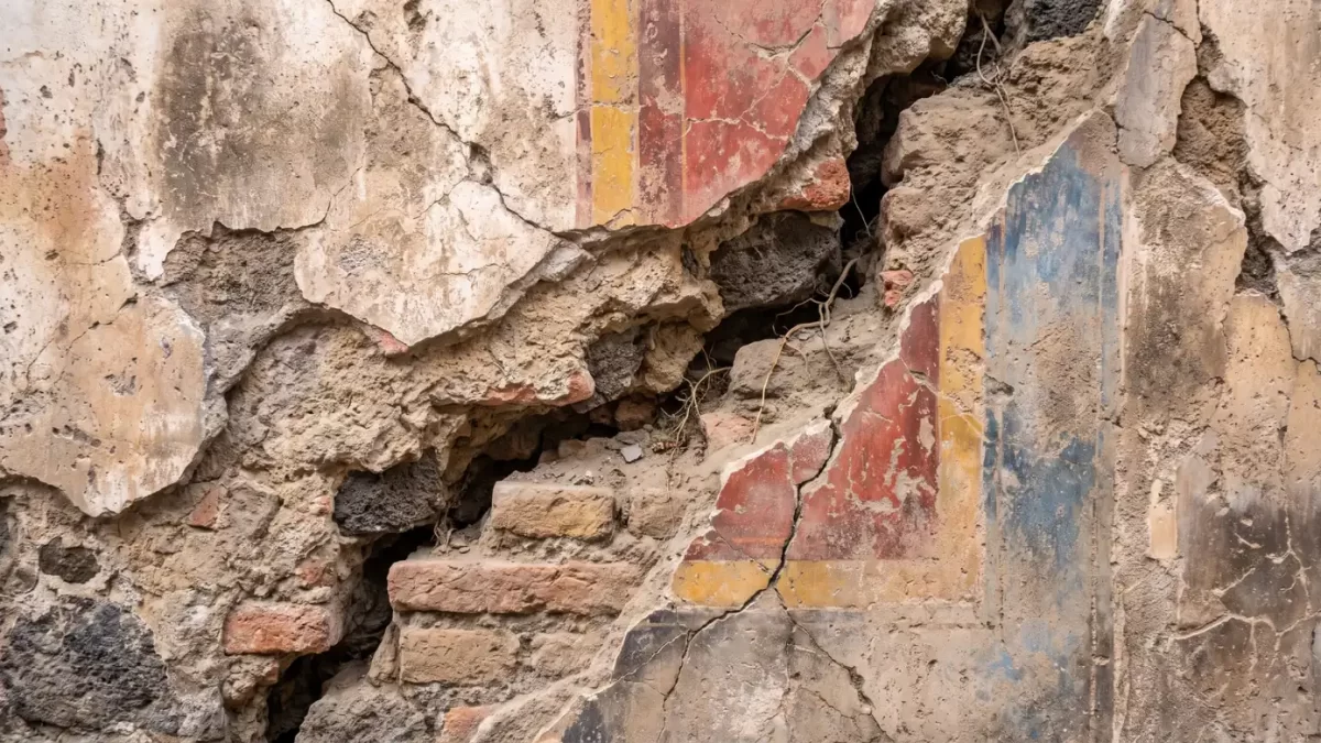 Oštećeni zid u Pompejima s vidljivim pukotinama, starom žbukom, opekom i tragovima obojenog rimskog ukrasa.