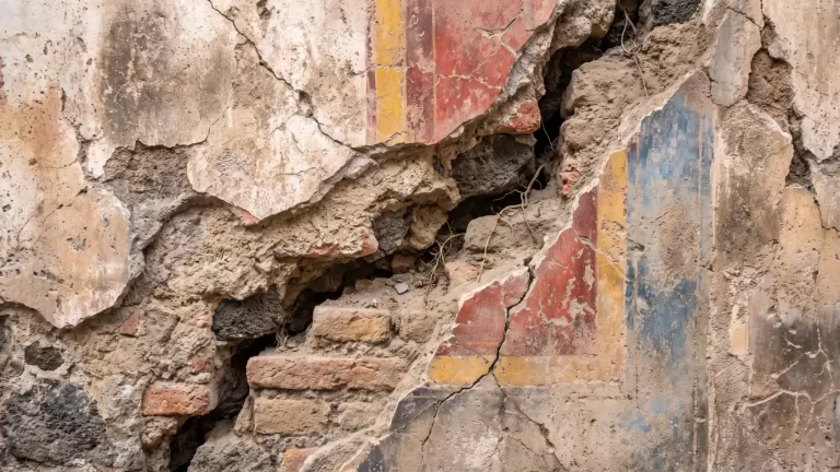 Oštećeni zid u Pompejima s vidljivim pukotinama, starom žbukom, opekom i tragovima obojenog rimskog ukrasa.