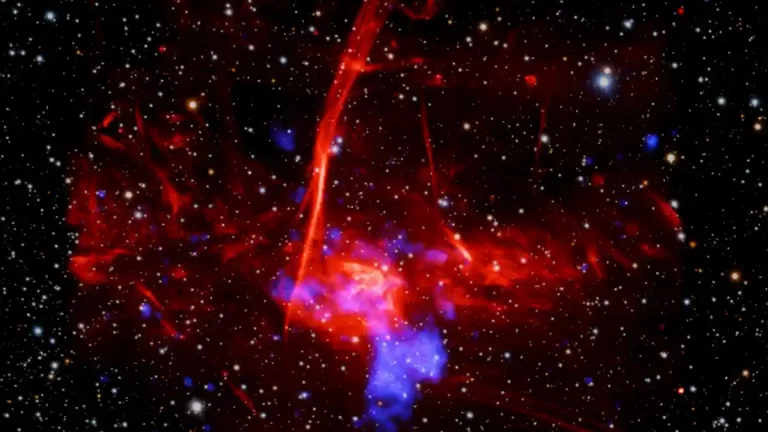 Astronomi su možda otkrili ostatak supernove u području stvaranja zvijezda blizu središta Mliječne staze, koristeći podatke Chandre i XMM-Newtona. Ako se potvrdi, bio bi to jedan od najbližih poznatih ostataka supernove supermasivnoj crnoj rupi u galaktičkom središtu. Ova kompozitna fotografija prikazuje područje u kojem su pronađeni tragovi mogućeg ostatka supernove. U njoj su spojeni rendgenski podaci Chandre i XMM-Newtona (plavo), radiopodaci južnoafričkog teleskopa MeerKAT (crveno) te optički podaci teleskopa Pan-STARRS s Havaja (crveno, zeleno i plavo). Zasluge: X-ray: NASA/CXC/UCLA/Z. Zhu et al.; ESA/XMM-Newton; Optical: PanSTARRS; Radio: MeerKAT; Image Processing: NASA/CXC/SAO/L. Frattare and P. Edmonds.
