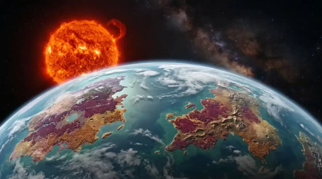 Ilustracija planeta nalik Zemlji u blizini aktivne zvijezde, s Mliječnom stazom u pozadini.