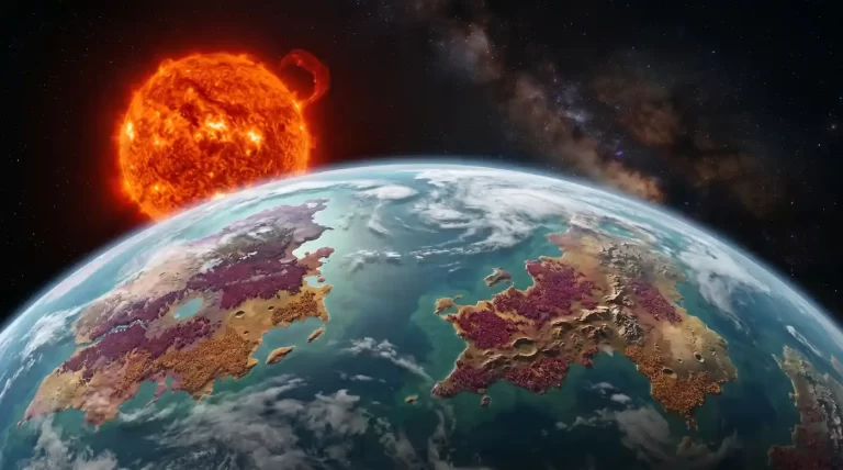 Ilustracija planeta nalik Zemlji u blizini aktivne zvijezde, s Mliječnom stazom u pozadini.