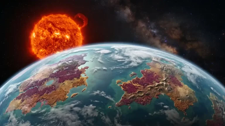 Ilustracija planeta nalik Zemlji u blizini aktivne zvijezde, s Mliječnom stazom u pozadini.