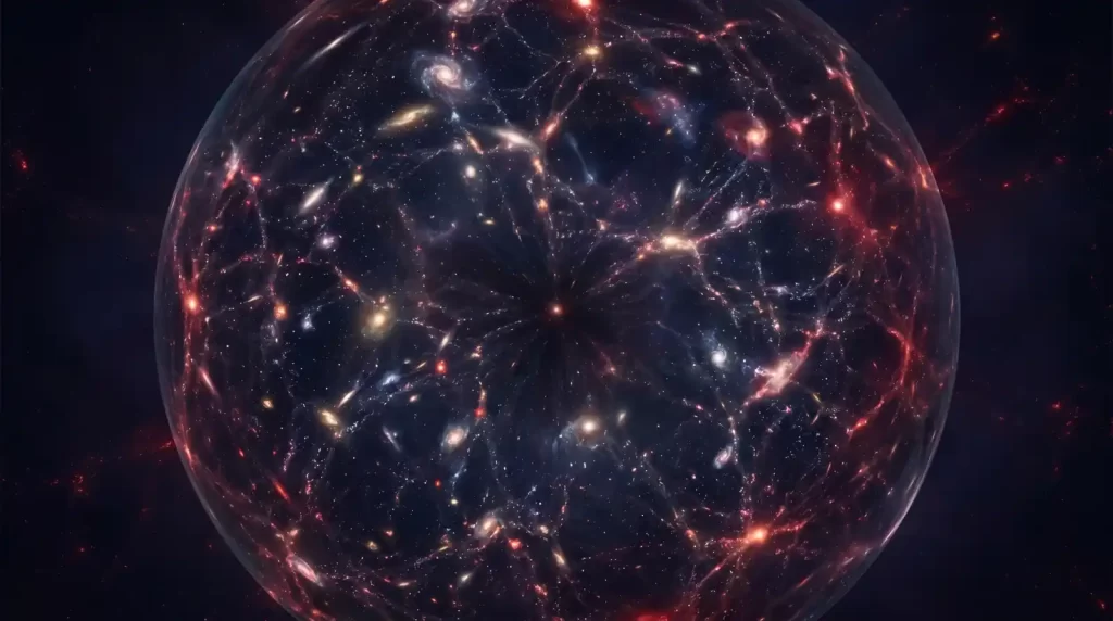 Ilustracija svemira prikazanog kao golema prozirna sfera ispunjena galaksijama, svjetlosnim nitima i tamnim središtem koje sugerira širenje kozmosa.