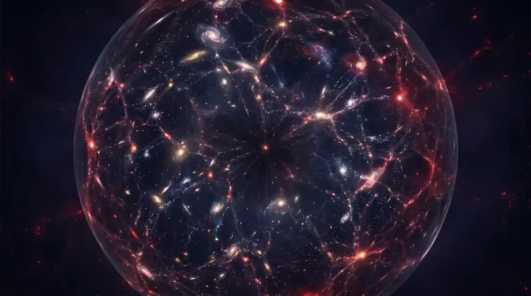 Ilustracija svemira prikazanog kao golema prozirna sfera ispunjena galaksijama, svjetlosnim nitima i tamnim središtem koje sugerira širenje kozmosa.