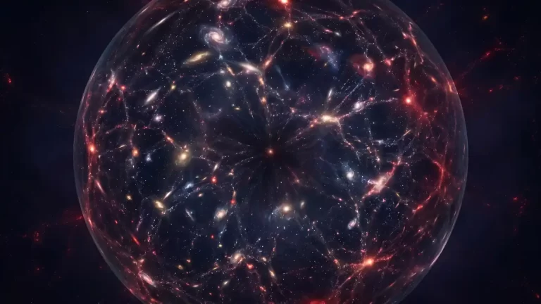 Ilustracija svemira prikazanog kao golema prozirna sfera ispunjena galaksijama, svjetlosnim nitima i tamnim središtem koje sugerira širenje kozmosa.