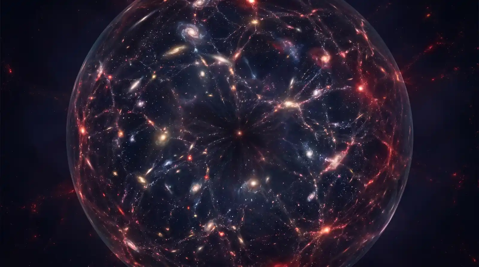 Ilustracija svemira prikazanog kao golema prozirna sfera ispunjena galaksijama, svjetlosnim nitima i tamnim središtem koje sugerira širenje kozmosa.