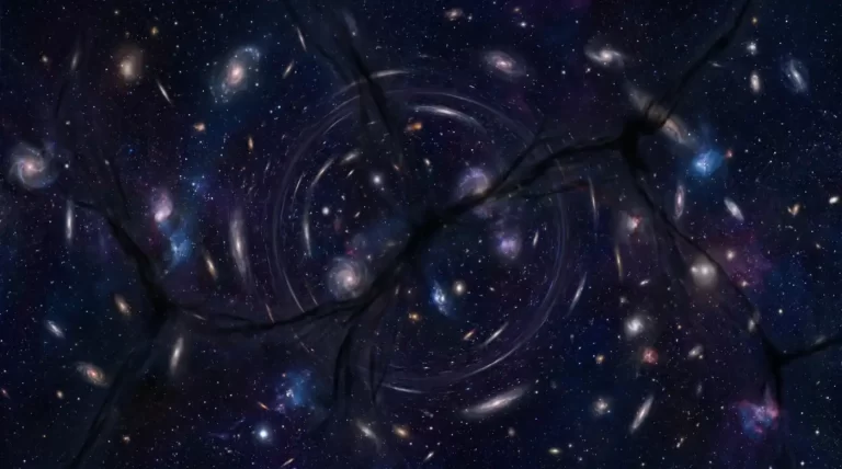 Ilustracija dubokog svemira s galaksijama i tamnim filamentima koji simboliziraju nevidljivu strukturu tamne tvari.