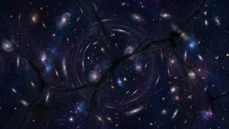 Ilustracija dubokog svemira s galaksijama i tamnim filamentima koji simboliziraju nevidljivu strukturu tamne tvari.