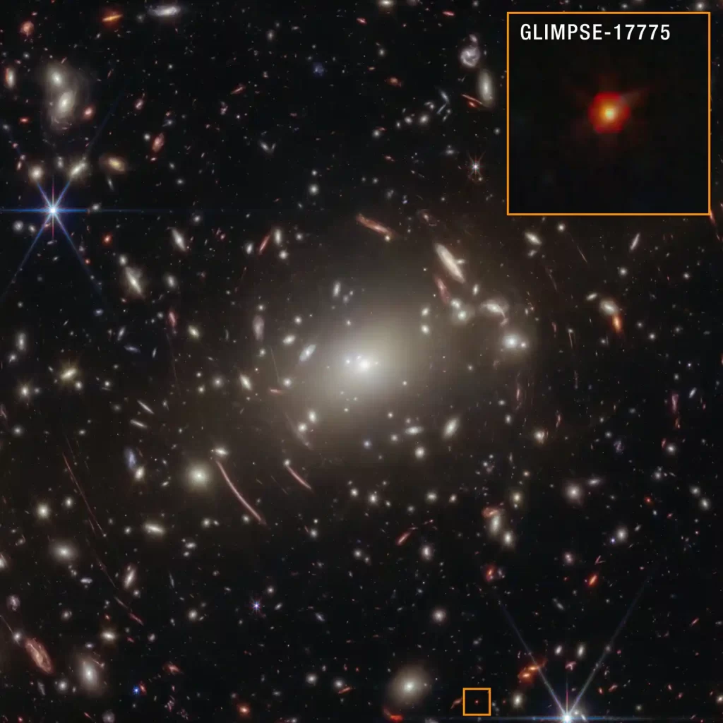 Svemirska fotografija skupa galaksija Abell S1063 s uvećanim prikazom objekta GLIMPSE-17775, male crvene točke iza skupa galaksija.