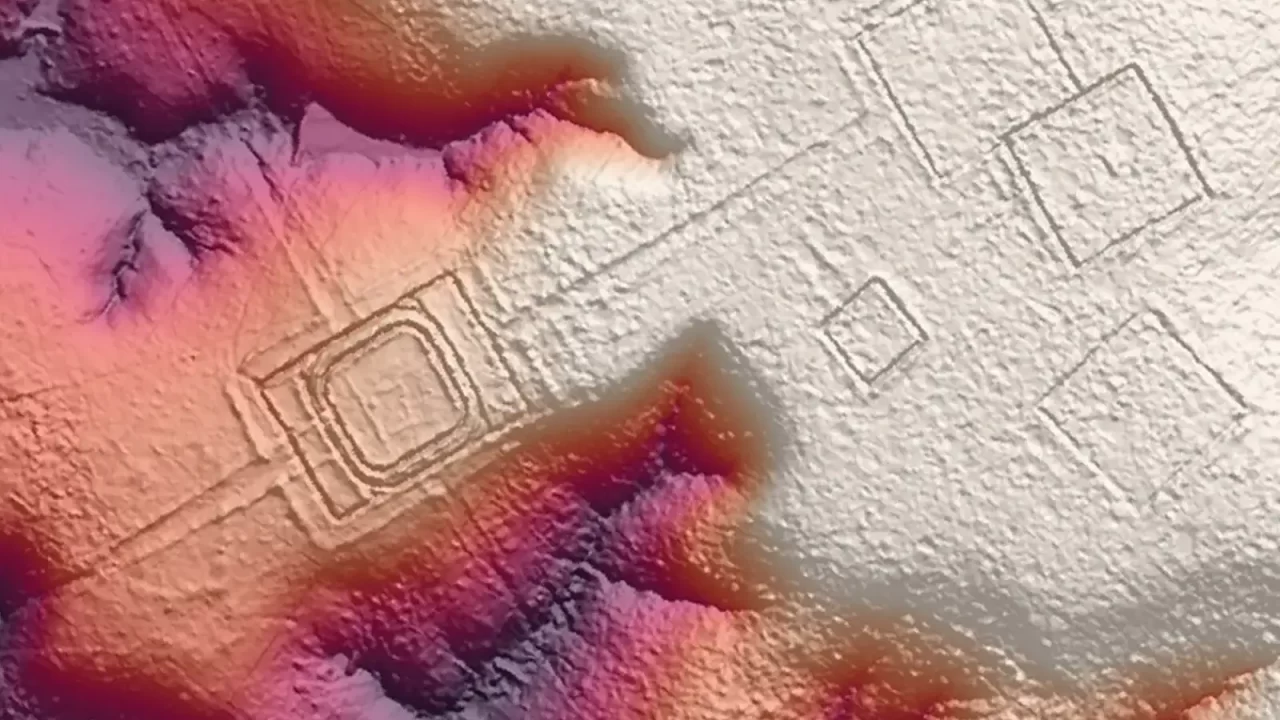 LiDAR prikaz strukture D. Schaan u jugozapadnoj Amazoniji, s geometrijskim zemljanim oblicima vidljivima na reljefnoj karti. Zasluge: Martti Pärssinen, Risto Kalliola i Fabio de Novaes.