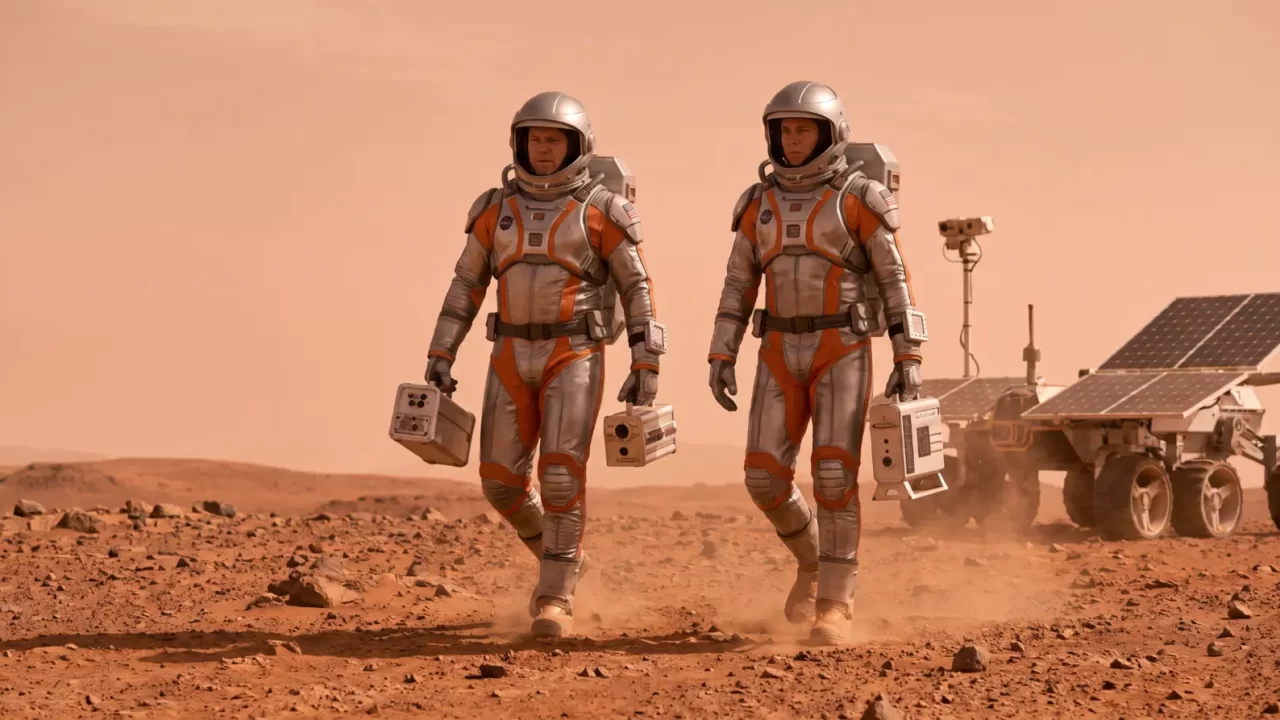 Dva astronauta u svemirskim odijelima hodaju kamenitom površinom Marsa pokraj rovera sa solarnim panelima.
