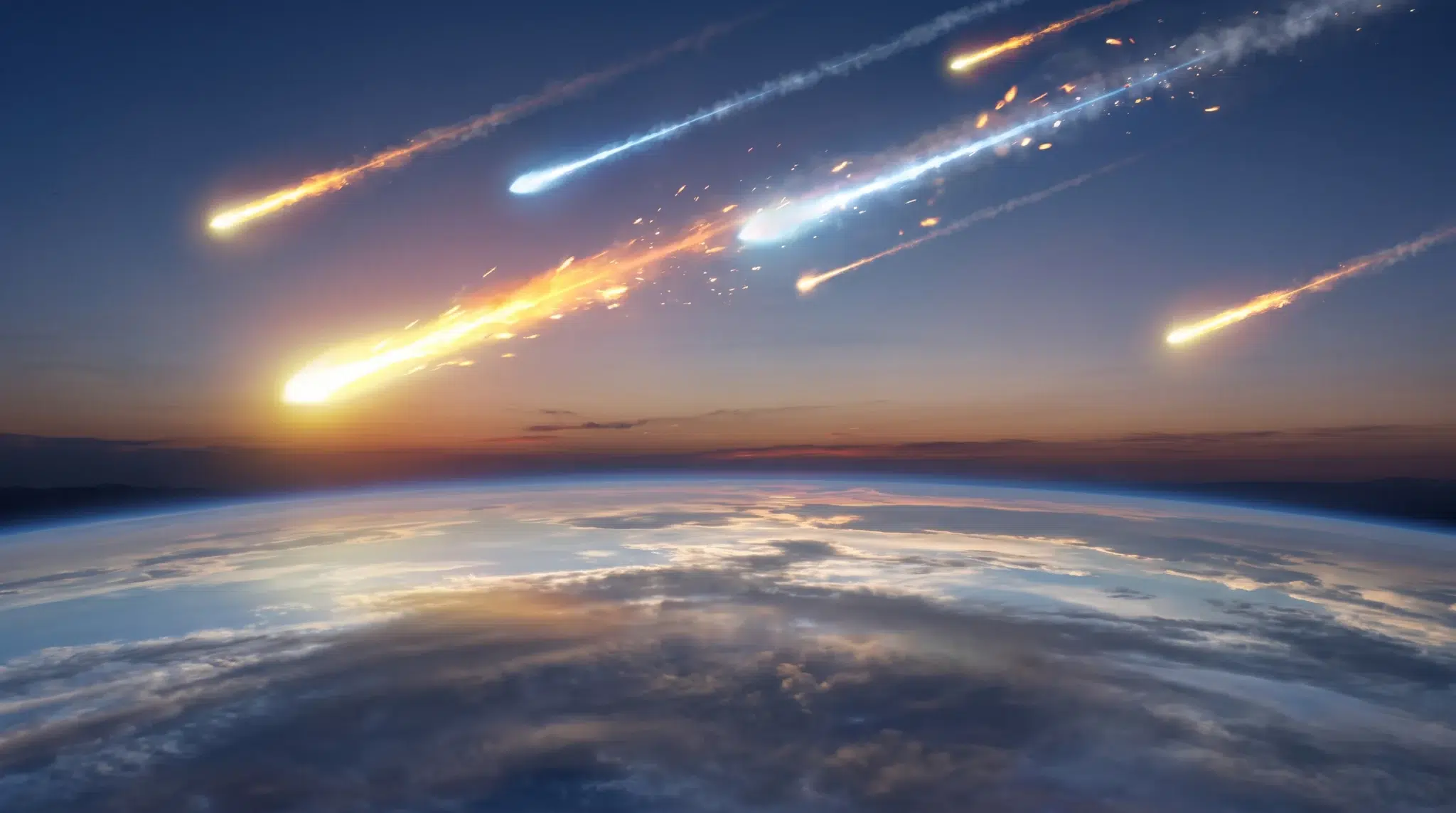 Meteori ulaze u Zemljinu atmosferu iznad zakrivljenog horizonta planeta, ostavljajući sjajne tragove na nebu.