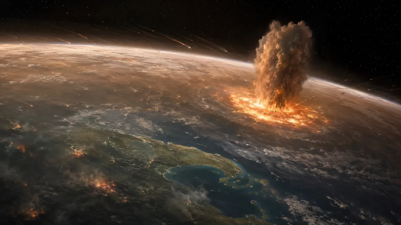Umjetnička ilustracija Zemlje nakon udara asteroida, s velikim oblakom prašine, užarenim česticama u atmosferi i požarima na površini.