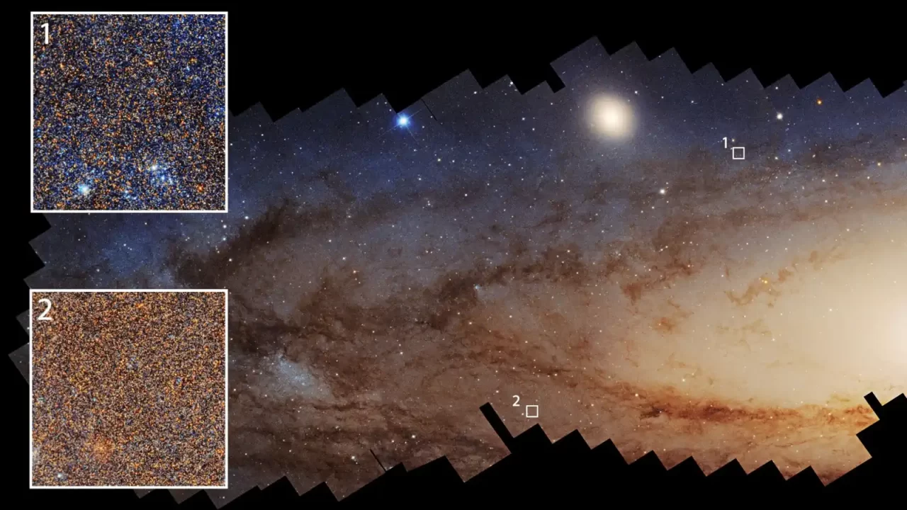 Hubbleov mozaik galaksije Andromede s dva uvećana područja: plavijim područjem s nedavnim stvaranjem zvijezda i crvenijim područjem sa starijom populacijom zvijezda.