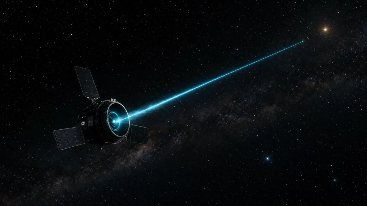 Hipotetski laserski svjetionik šalje uski plavi signal kroz međuzvjezdani prostor.