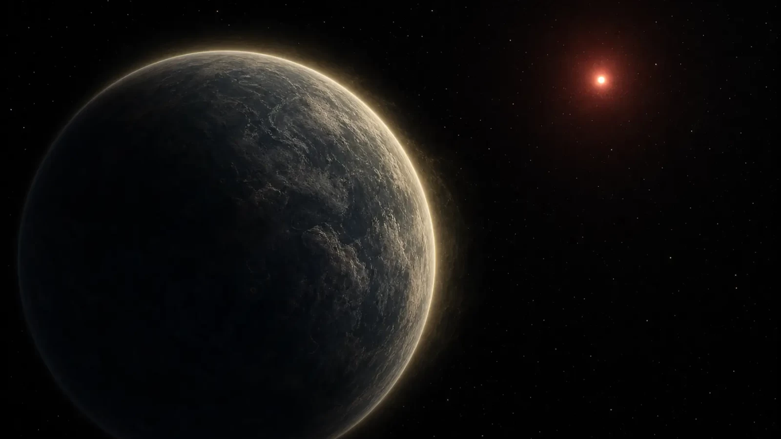 Stjenoviti planet s tankim svijetlim slojem atmosfere ispred crvenog patuljka u svemiru