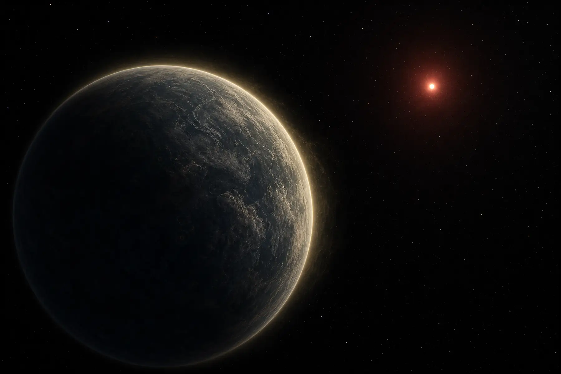 Stjenoviti planet s tankim svijetlim slojem atmosfere ispred crvenog patuljka u svemiru