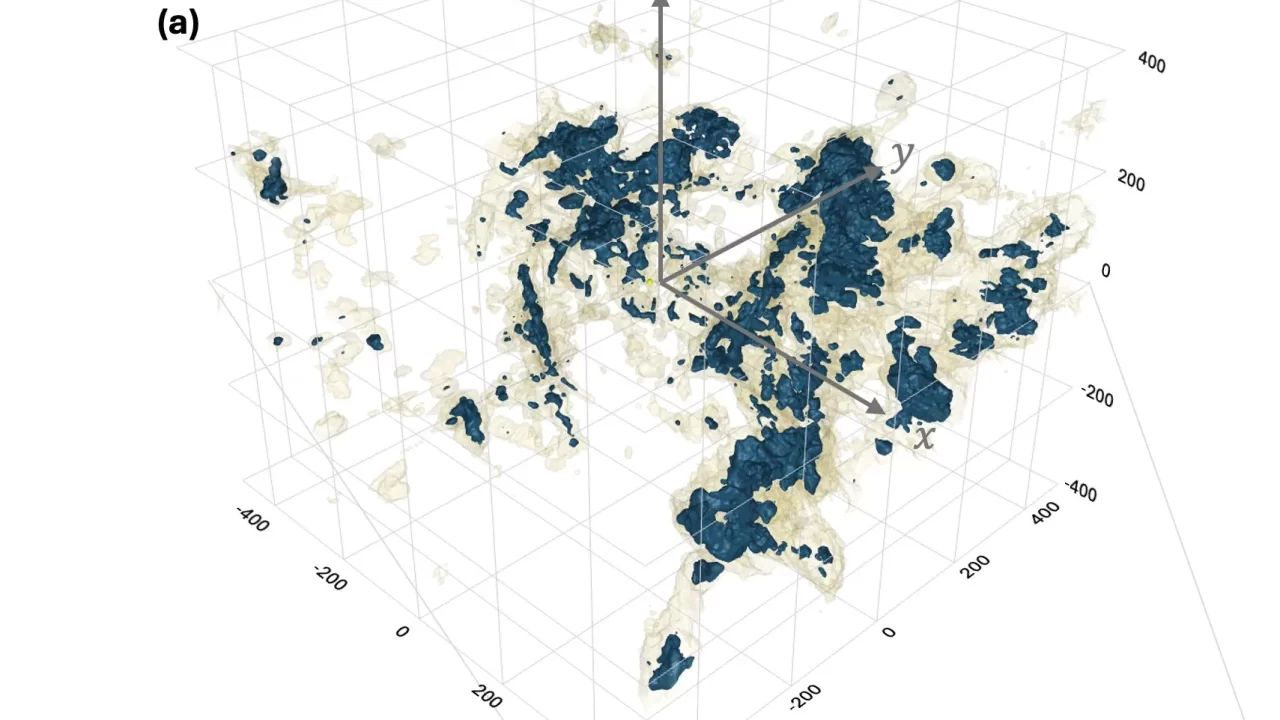 Plave strukture označavaju hladni, a žute toplinski nestabilni plin u trodimenzionalnoj karti lokalnog međuzvjezdanog medija. Topli plin prikazan je prozirno. Zasluge: arXiv (2026). DOI: 10.48550/arXiv.2607.15352