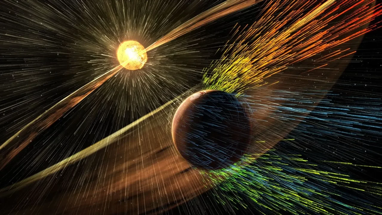 Konceptualni prikaz Sunca, Marsa i tokova nabijenih čestica oko planeta