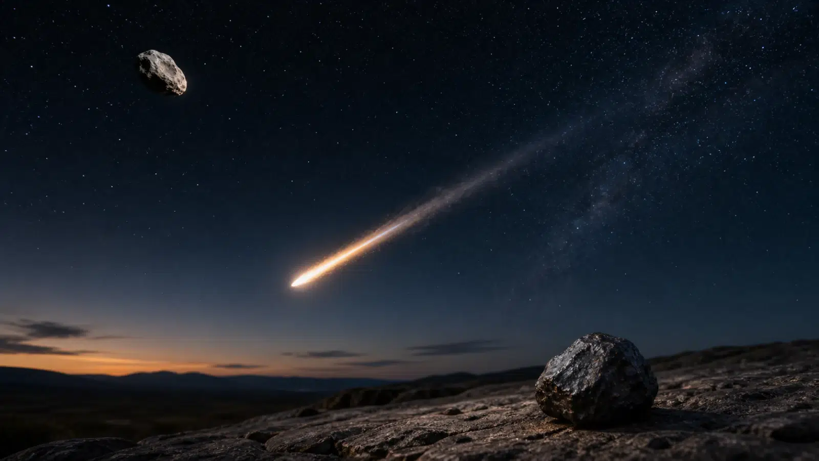 Mali stjenoviti meteoroid u svemiru, svijetli meteor u noćnoj atmosferi i tamni meteorit na kamenitom tlu