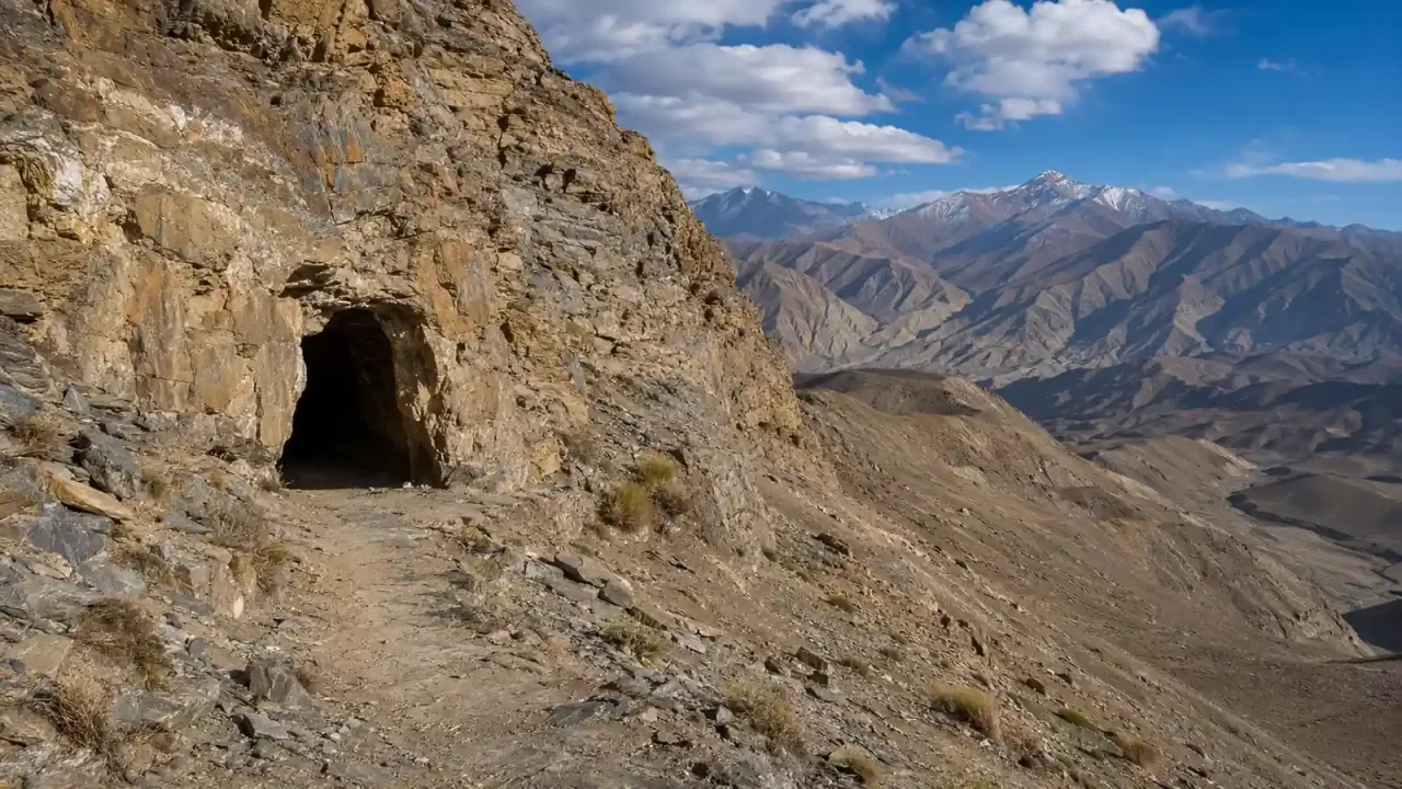 Ilustrativni prikaz ulaza u špilju Old Lady Spider Cave u kamenitoj padini visokog Ladakha, s Himalajom u pozadini.
