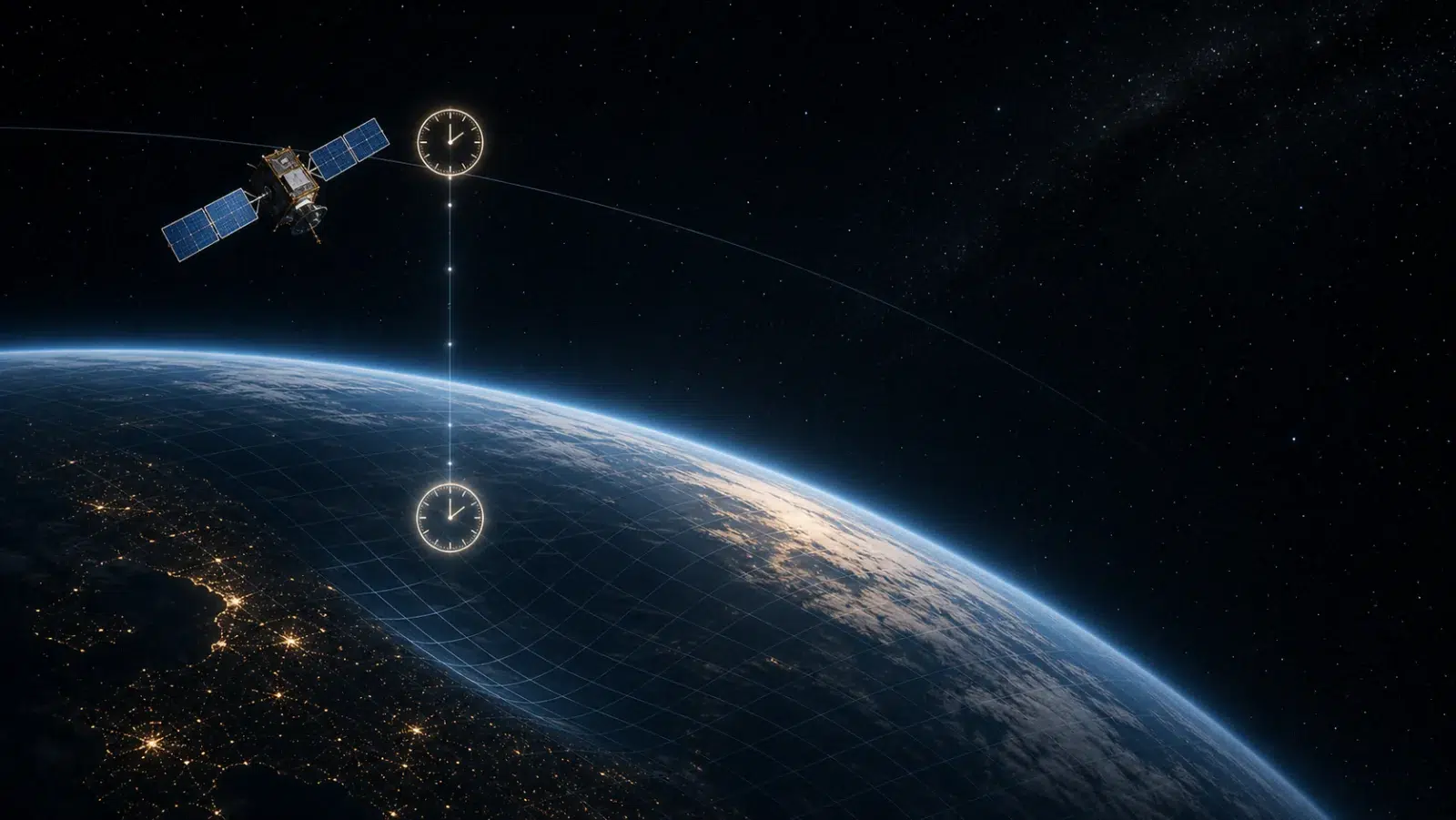 GPS satelit iznad Zemlje i dva svjetleća prikaza satova povezani s različitim visinama