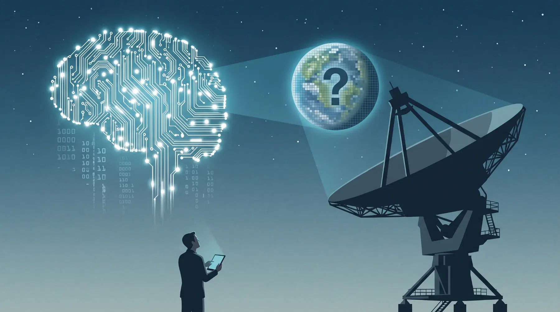 Ilustracija umjetne inteligencije koja analizira svemirske podatke uz radioteleskop, kao simbol potrage za izvanzemaljskim životom.