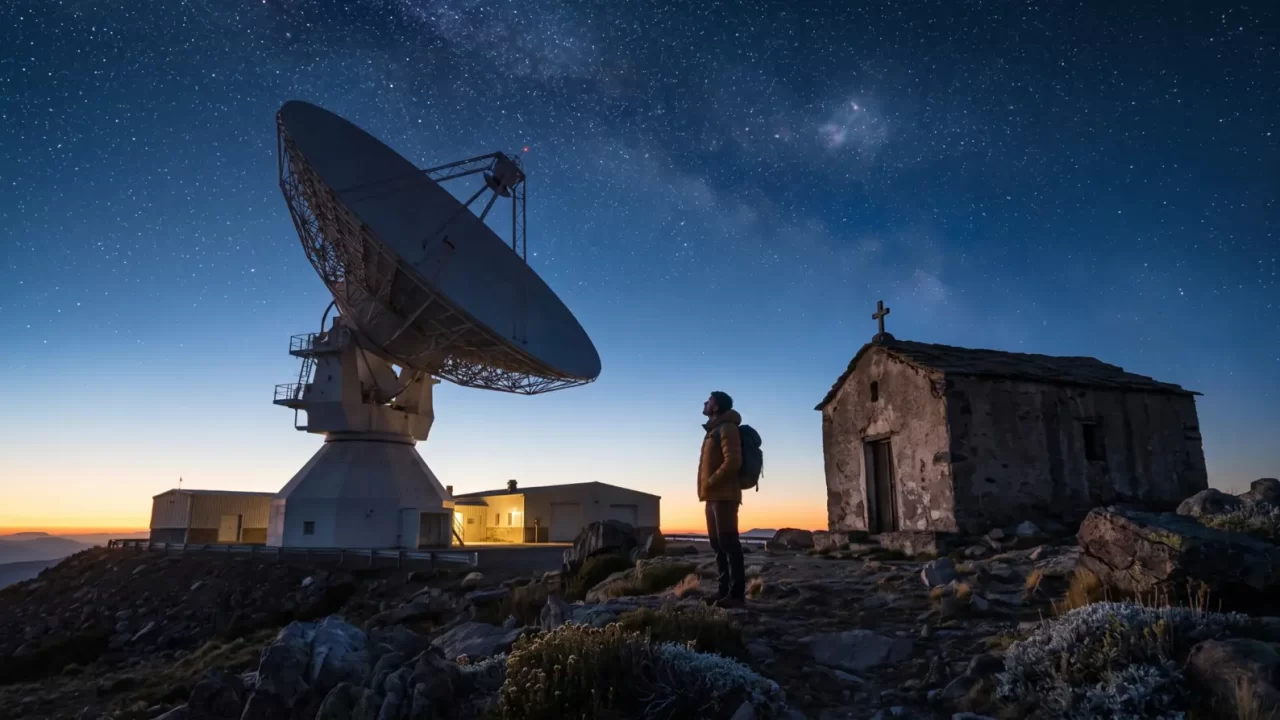 Radio teleskop, promatrač i mala kapelica pod zvjezdanim nebom.