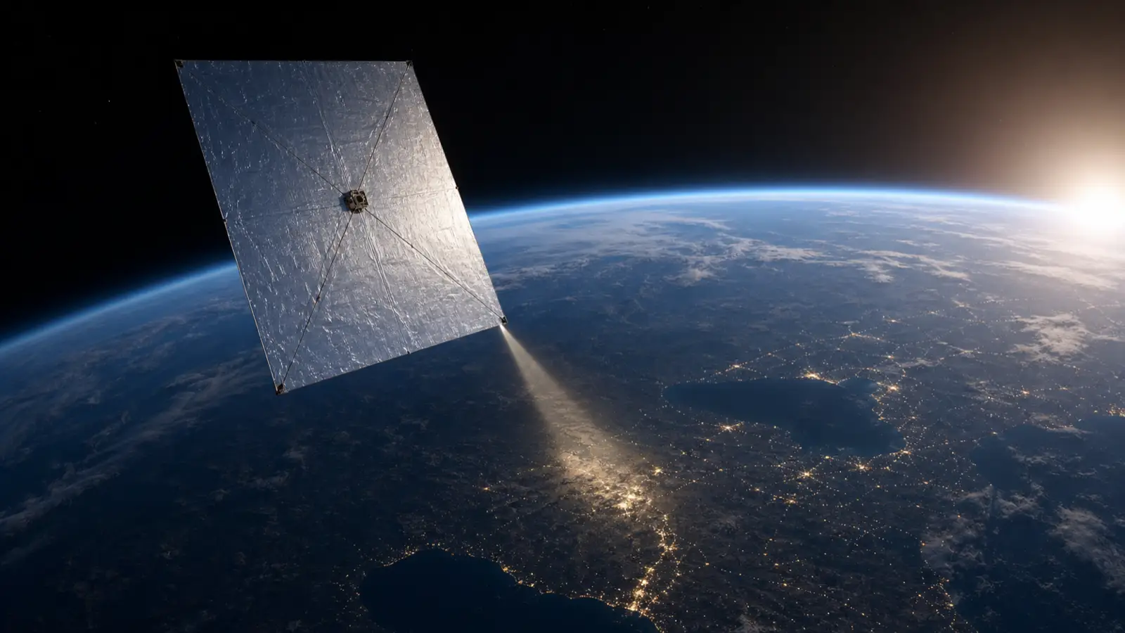 Tanka reflektirajuća folija satelita iznad noćne Zemlje usmjerava Sunčevu svjetlost prema tlu