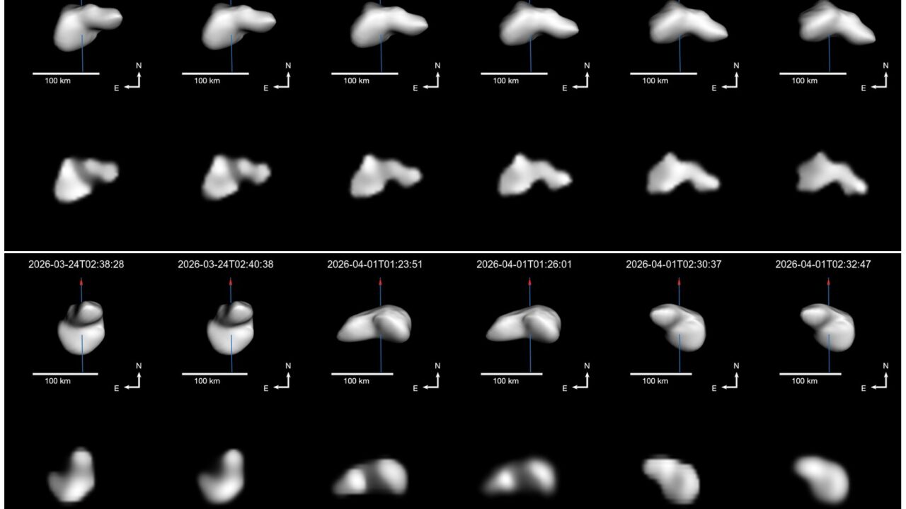 Opažanja asteroida (44) Nysa sa Zemlje otkrivaju njegovu vrlo neobičnu strukturu s tri režnja. Zasluge: arXiv (2026). DOI: 10.48550/arxiv.2607.25786