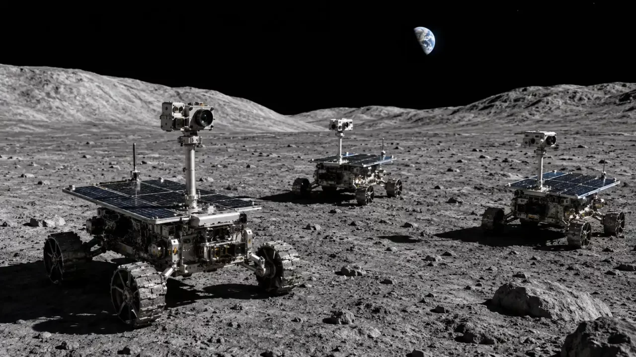 Umjetnički prikaz triju autonomnih rovera na Mjesecu. NASA-ina misija CADRE trebala bi pokazati mogu li mali roboti samostalno koordinirati kretanje, istraživati teren i zajednički provoditi mjerenja.