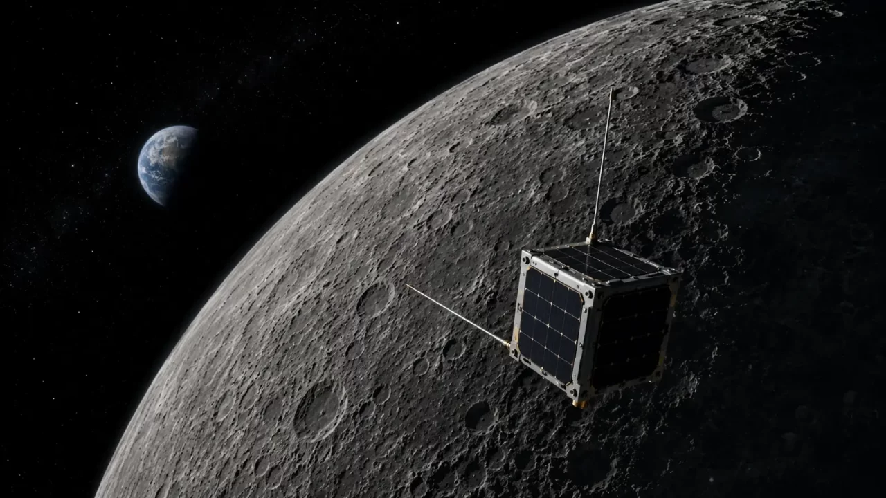 Umjetnički prikaz satelita CosmoCube u orbiti iznad daleke strane Mjeseca. Misija bi ondje pokušala zabilježiti iznimno slab radijski signal neutralnog vodika iz ranog svemira, zaštićena od smetnji sa Zemlje prirodnim zaklonom Mjeseca. Zasluge: Kozmos.hr.