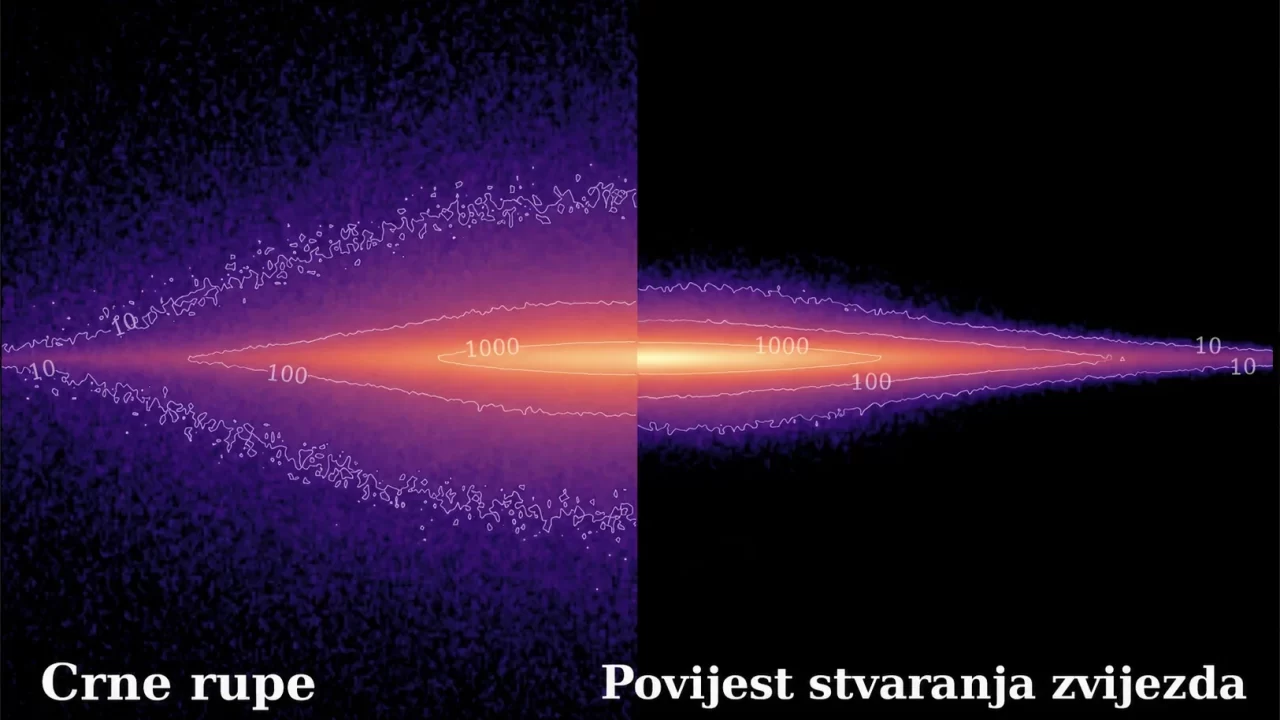 Simulacija prikazuje raspodjelu crnih rupa lijevo i povijest stvaranja zvijezda desno u modelu Mliječne staze. Zasluge: Tom Wagg et al.