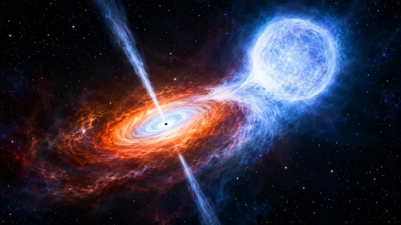 Umjetnički prikaz binarnog sustava Cygnus X-3 s masivnom zvijezdom, akrecijskim diskom oko kompaktnog objekta i snažnim mlazovima materije. Kozmos.hr.