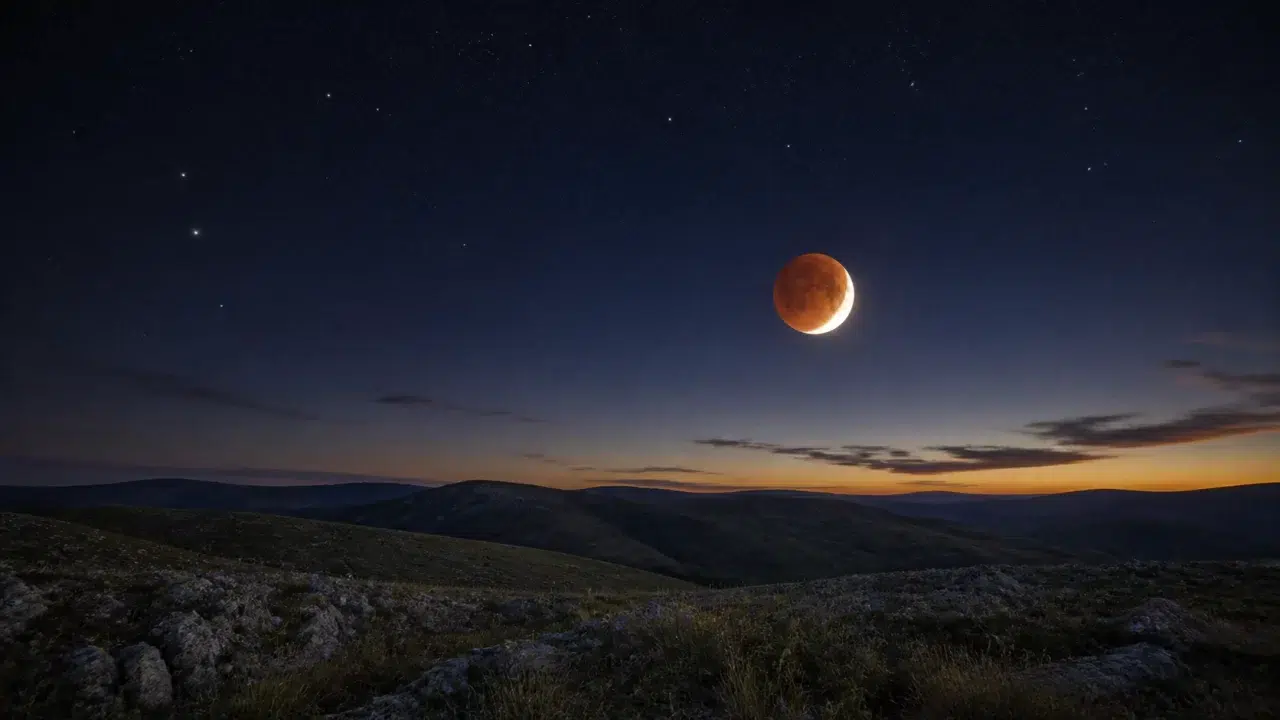 Djelomično pomračen Mjesec nisko nad tamnim krajolikom pred zoru