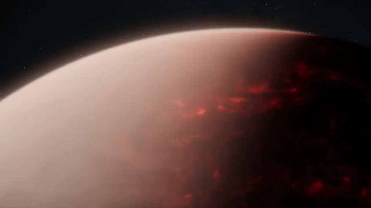 Umjetnički prikaz užarenog stjenovitog egzoplaneta s gustom atmosferom