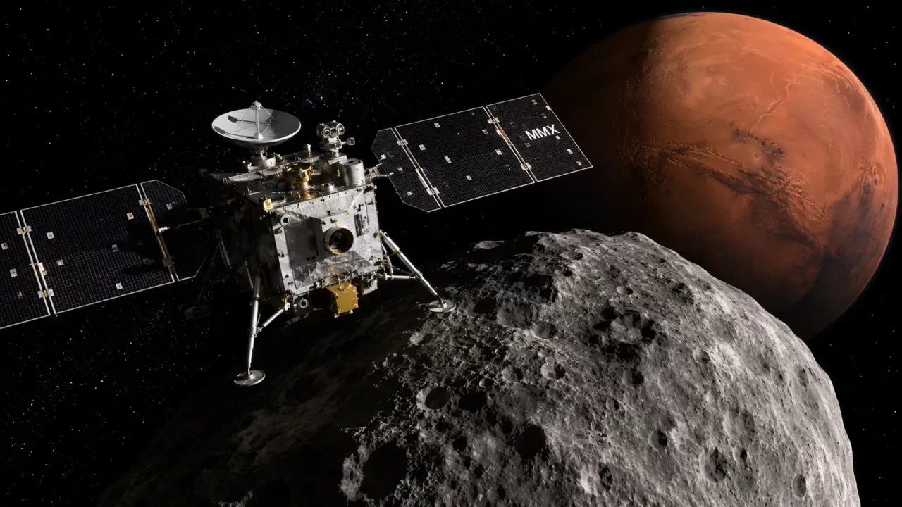 Ilustracija prikazuje letjelicu MMX tijekom istraživanja Fobosa, većeg od dva Marsova prirodna satelita. Misija će detaljno proučiti Fobos i Deimos, pokušati dvaput sletjeti na Fobos te prikupiti uzorke koji bi mogli pomoći u određivanju podrijetla Marsovih mjeseca.